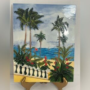 Tropical Ocean View TILE Wall or Table Top Decor with Palm Trees and Sailboat